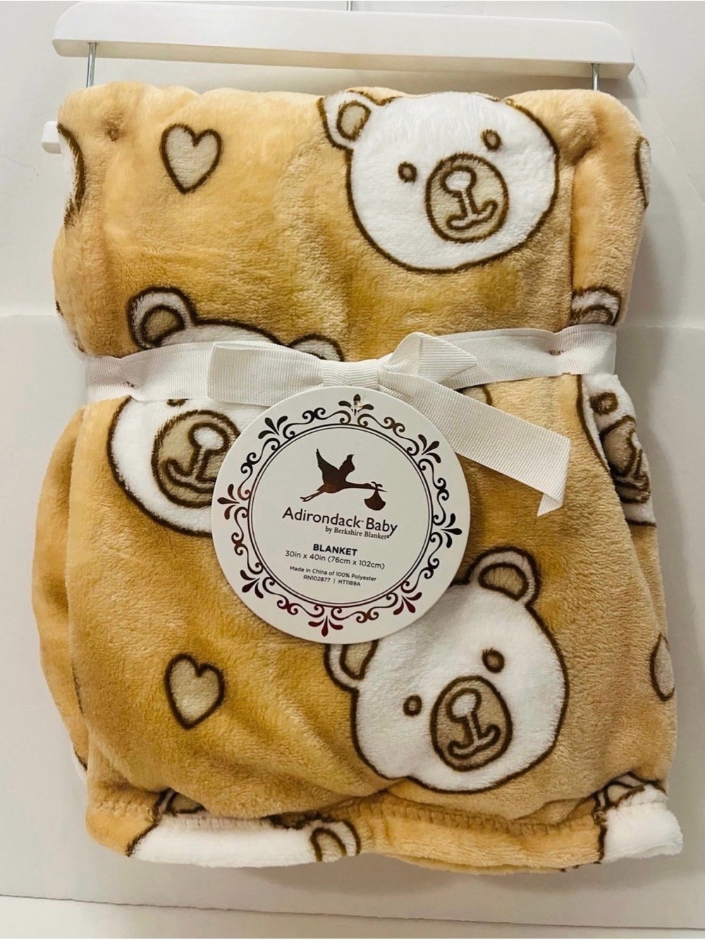 Adirondack Baby by Berkshire Blanket Tan with White Teddy Bear Faces & Hearts
